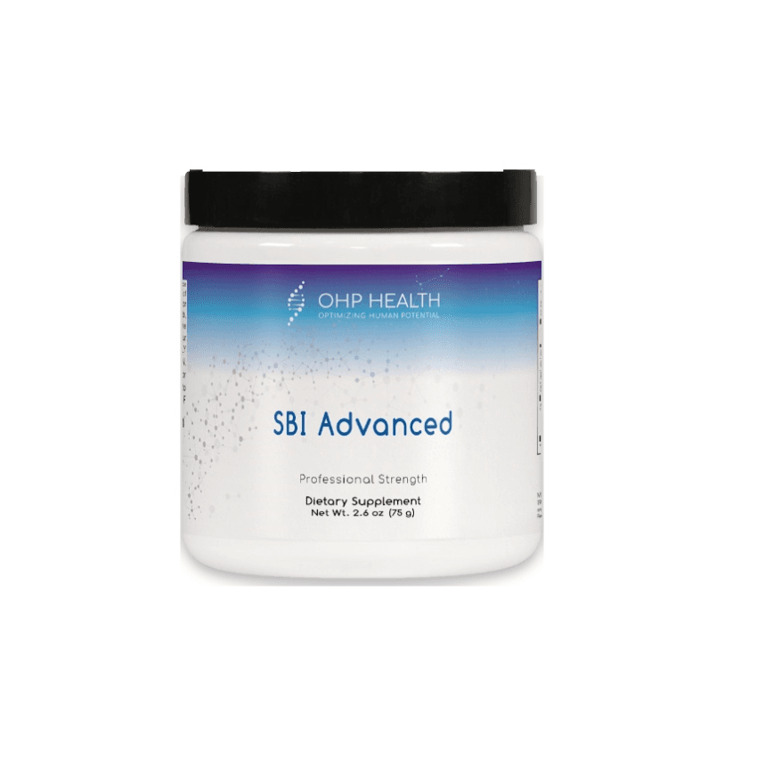 A white 75 g jar labeled "SBI Advanced" from OHP Health, a professional strength dietary supplement with immunoglobulins to support gut barrier and immune health.