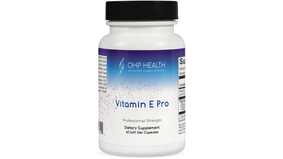 OHP Health Vitamin E Pro | 60 count — professional-strength Vitamin E supplement in a white bottle with 60 softgels, formulated to support antioxidant protection and cardiovascular health.