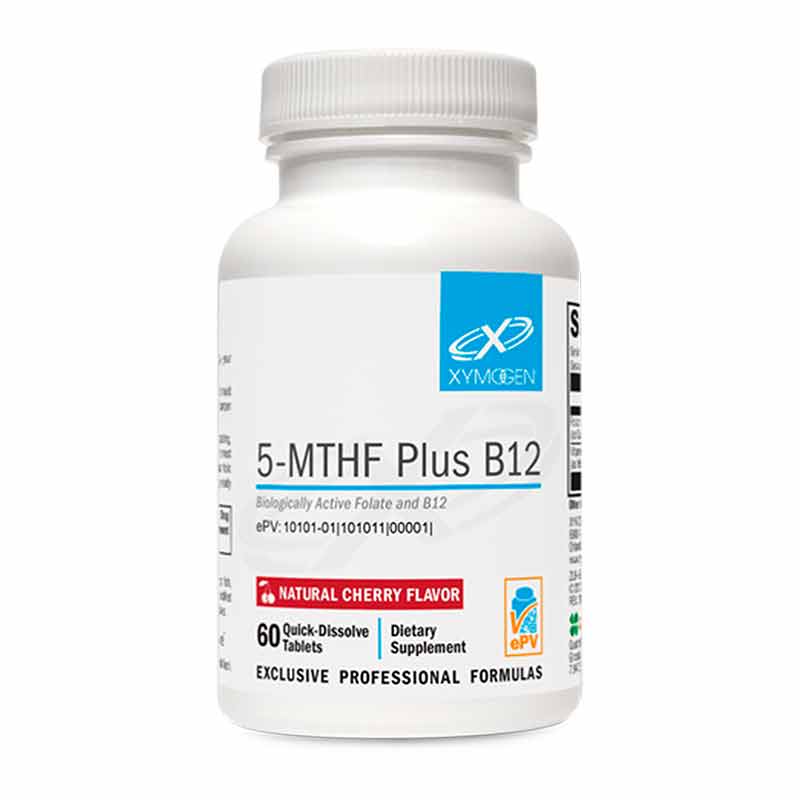 A bottle of XYMOGEN® 5-MTHF Plus B12 Cherry contains biologically active folate as Quatrefolic and methylcobalamin with a natural cherry flavor. It has 60 quick-dissolve tablets, offering a convenient dietary supplement option.