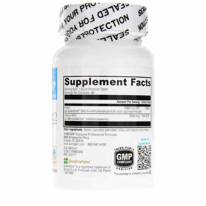 The 5-MTHF Plus B12 Cherry by XYMOGEN® is a white supplement bottle with a "Supplement Facts" label, sealed cap, and third-party certification. It also provides contact information and contains key ingredients like methylcobalamin and 5-MTHF for optimal wellness.