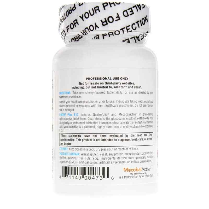 Back view of a 5-MTHF Plus B12 Cherry bottle by XYMOGEN®, with "FOR YOUR PROTECTION" on the cap, usage and  warnings about 5-MTHF and methylcobalamin detailed, and barcode with product code at the bottom.