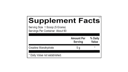OHP Health's Creatine HP features a black and white label with a serving size of 1 scoop (5g), about 90 servings per container, each providing 5g of Creatine Monohydrate to support energy, with no daily value established.
