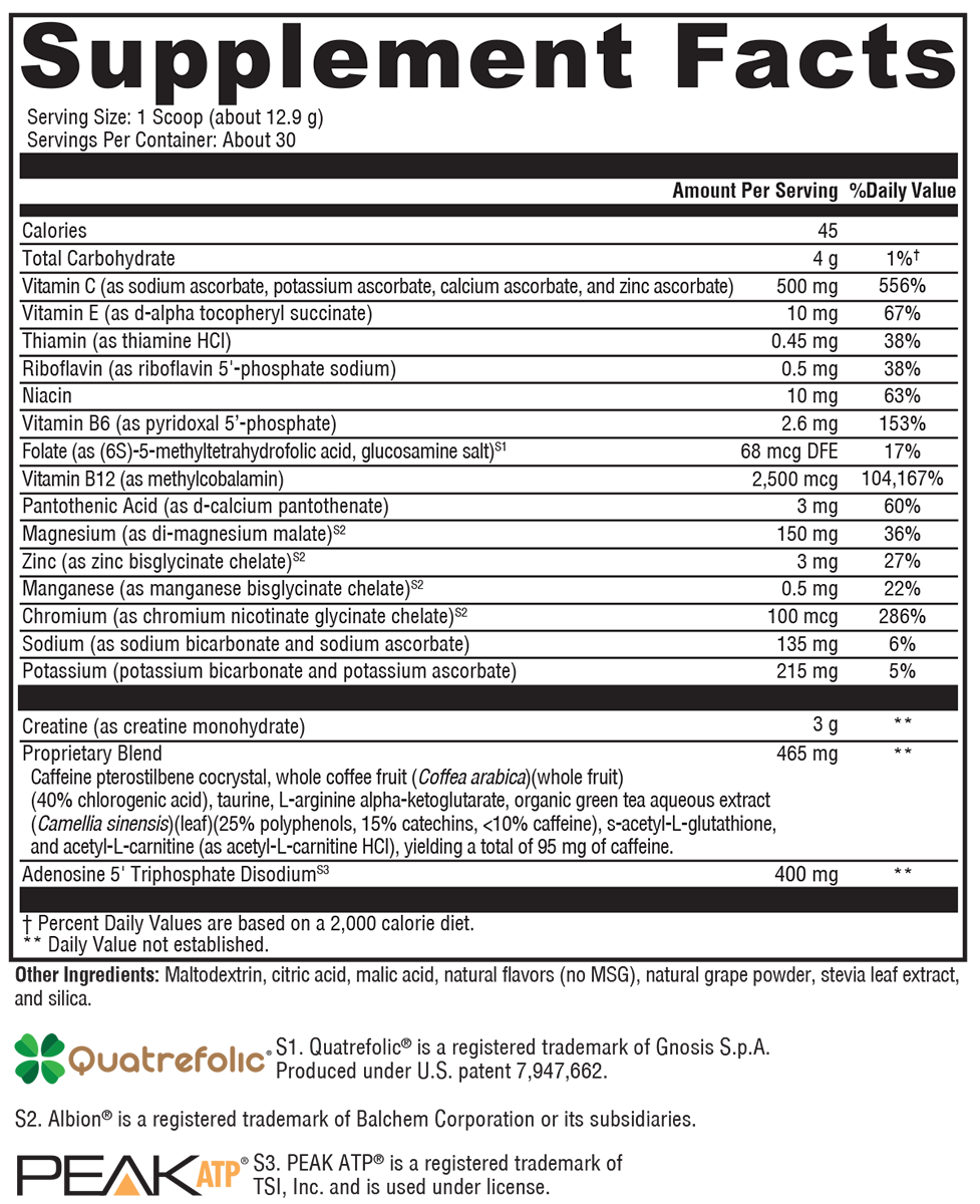 Supplement facts label for ATP Ignite™ Workout Mixed Berry by XYMOGEN®, shows nutrition per scoop—calories, vitamins, minerals, and workout enhancers. Branding and trademark info included at the bottom. 30 servings.