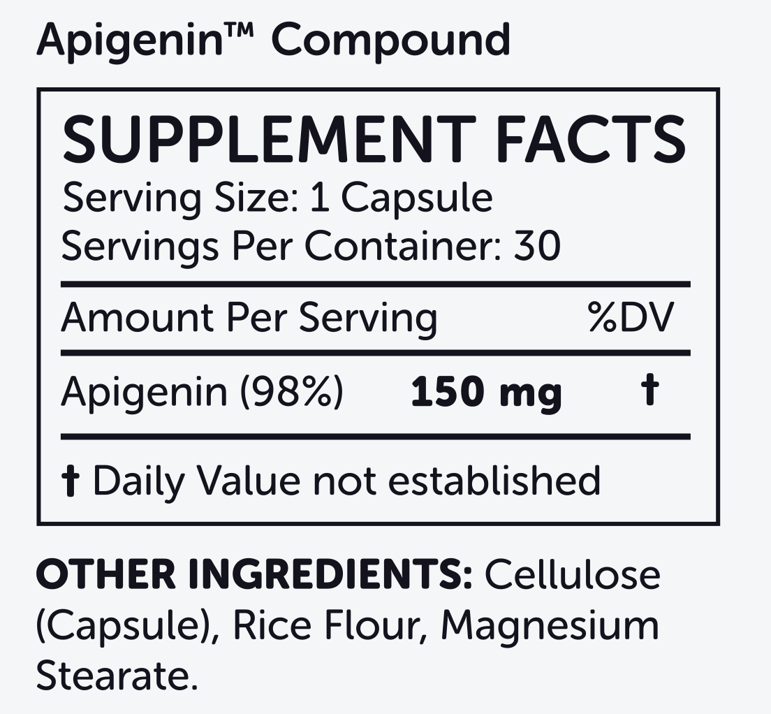 Supplement facts label for nuBioAge Apigenin. Serving size: 1 capsule, with 30 capsules per container. Contains 150 mg of Apigenin (98%), known to support gut microbiota balance. Other ingredients include cellulose, rice flour, and magnesium stearate.