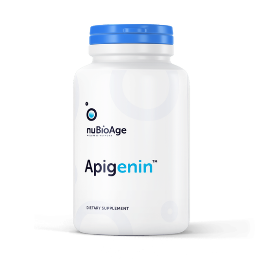 A 30-count bottle, branded as nuBioAge Apigenin in white with a blue cap, this dietary supplement aids in maintaining healthy gut microbiota for overall wellness.