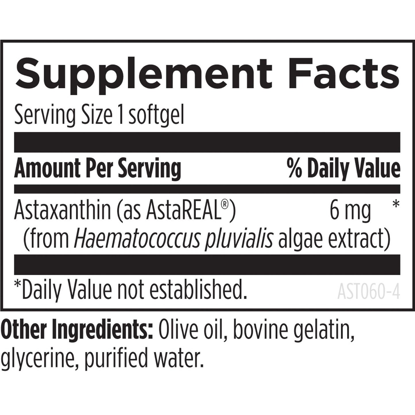 OHP Health Astaxanthin HP | 60 count: Each softgel provides 6 mg astaxanthin from Haematococcus pluvialis algae extract, with olive oil, bovine gelatin, glycerine, and purified water as other ingredients.