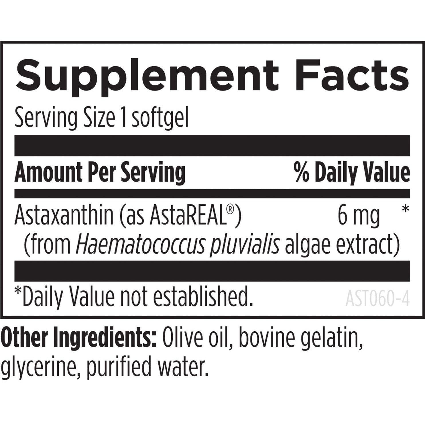OHP Health Astaxanthin HP | 60 count: Each softgel provides 6 mg astaxanthin from Haematococcus pluvialis algae extract, with olive oil, bovine gelatin, glycerine, and purified water as other ingredients.