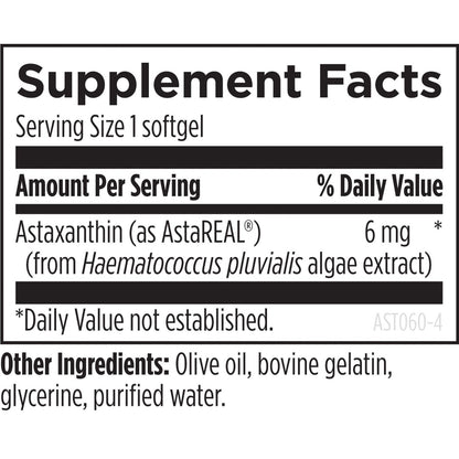 OHP Health Astaxanthin HP | 60 count: Each softgel provides 6 mg astaxanthin from Haematococcus pluvialis algae extract, with olive oil, bovine gelatin, glycerine, and purified water as other ingredients.