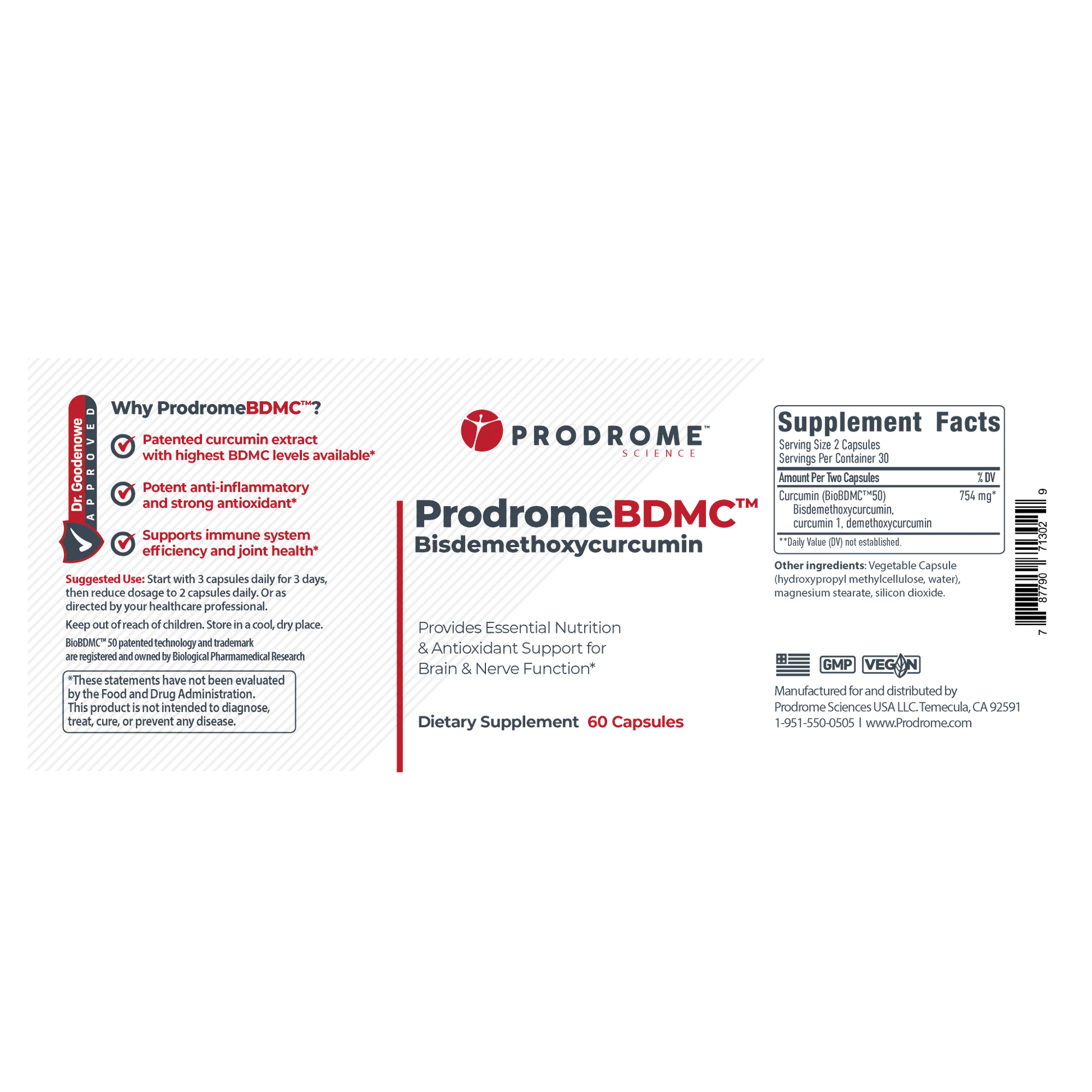 The OHP Health Prodrome BDMC Curcumin (GTA) supplement label lists the product name, key ingredient bisdemethoxycurcumin, supplement facts, health claims, and shows the bottle contains 60 capsules.