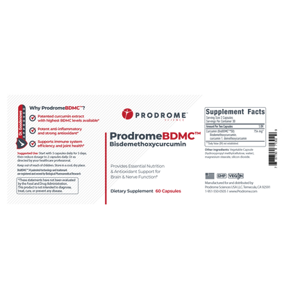 The OHP Health Prodrome BDMC Curcumin (GTA) supplement label lists the product name, key ingredient bisdemethoxycurcumin, supplement facts, health claims, and shows the bottle contains 60 capsules.