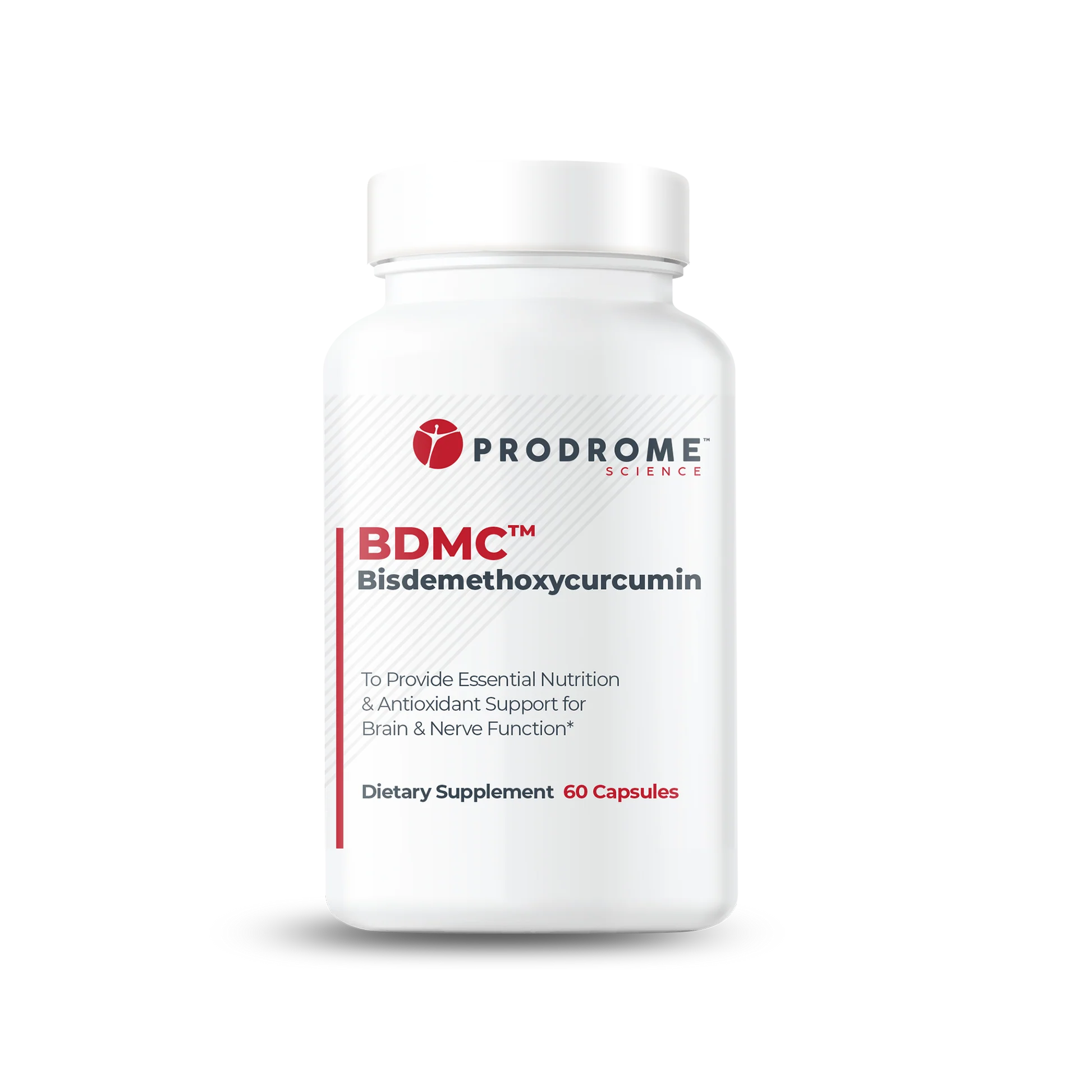 A white bottle labeled "Prodrome BDMC Curcumin (GTA)" by OHP Health, containing 60 capsules of curcuminoids for brain and nerve function support.
