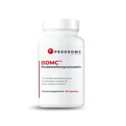 A white bottle labeled "Prodrome BDMC Curcumin (GTA)" by OHP Health, containing 60 capsules of curcuminoids for brain and nerve function support.