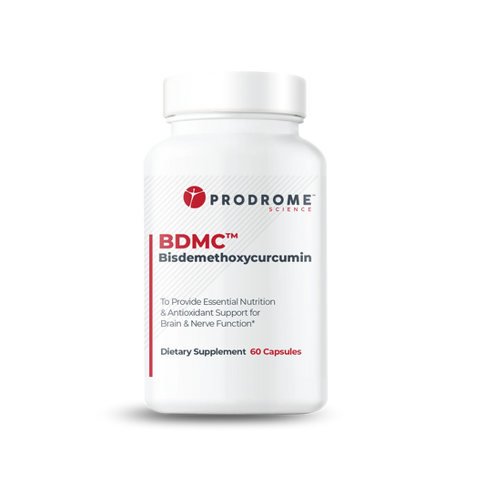 A white bottle labeled "Prodrome BDMC Curcumin (GTA)" by OHP Health, containing 60 capsules of curcuminoids for brain and nerve function support.