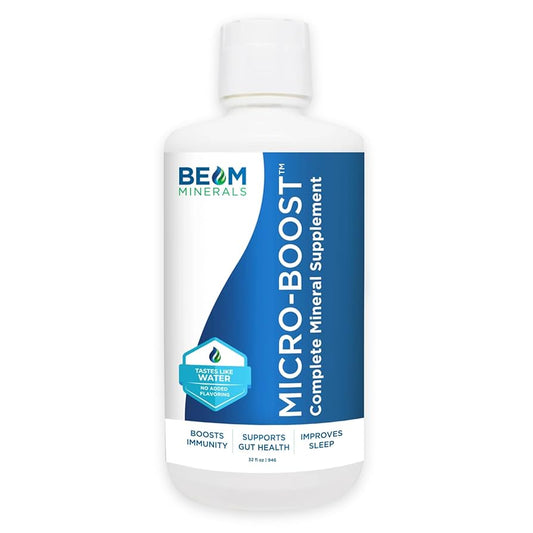 A white plastic bottle labeled "Micro-BOOST" by OHP Health, featuring blue and white design elements and health benefit claims.