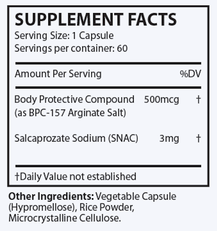 Supplement facts for OHP Health's BPC-157, available as 60 capsules: each capsule contains Body Protective Compound (BPC-157 peptide) 500mcg and Salcaprozate Sodium (SNAC) 3mg. Additional ingredients include vegetable capsule, rice powder, and microcrystalline cellulose to support optimal gut health.