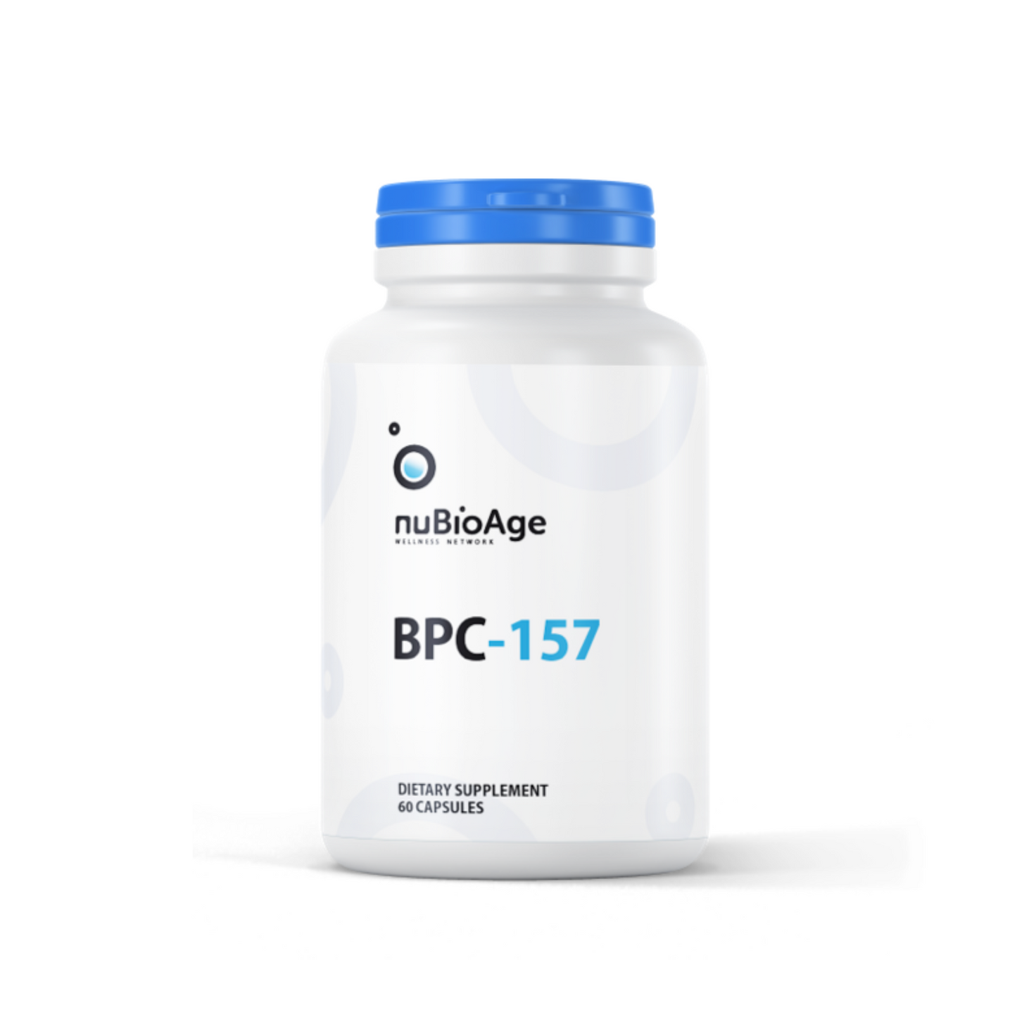 A white bottle with a blue cap labeled "OHP Health BPC-157, dietary supplement, 60 capsules," designed to support gut health and overall wellness.