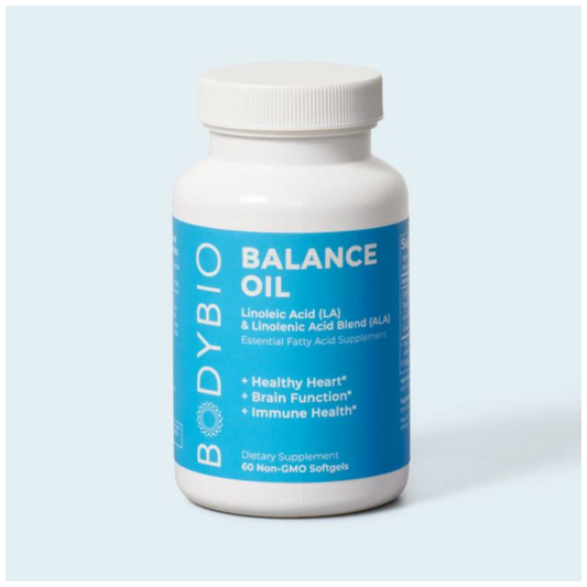 A white bottle from OHP Health, labeled "Balance Oil | 60 Softgels" with a blue label, contains 60 non-GMO softgels. It supports heart, brain, and immune health with an essential fatty acid blend that enhances cellular health through linoleic and linolenic acids.