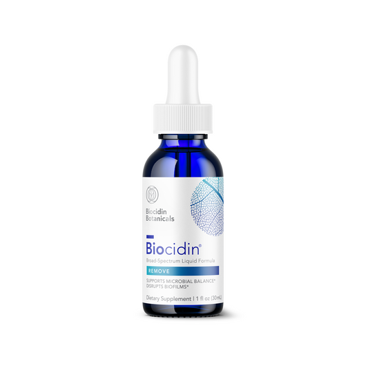 A bottle of OHP Health by Longevity Labs Inc.'s Biocidin® Broad-Spectrum Liquid Formula dietary supplement, isolated on a white background.