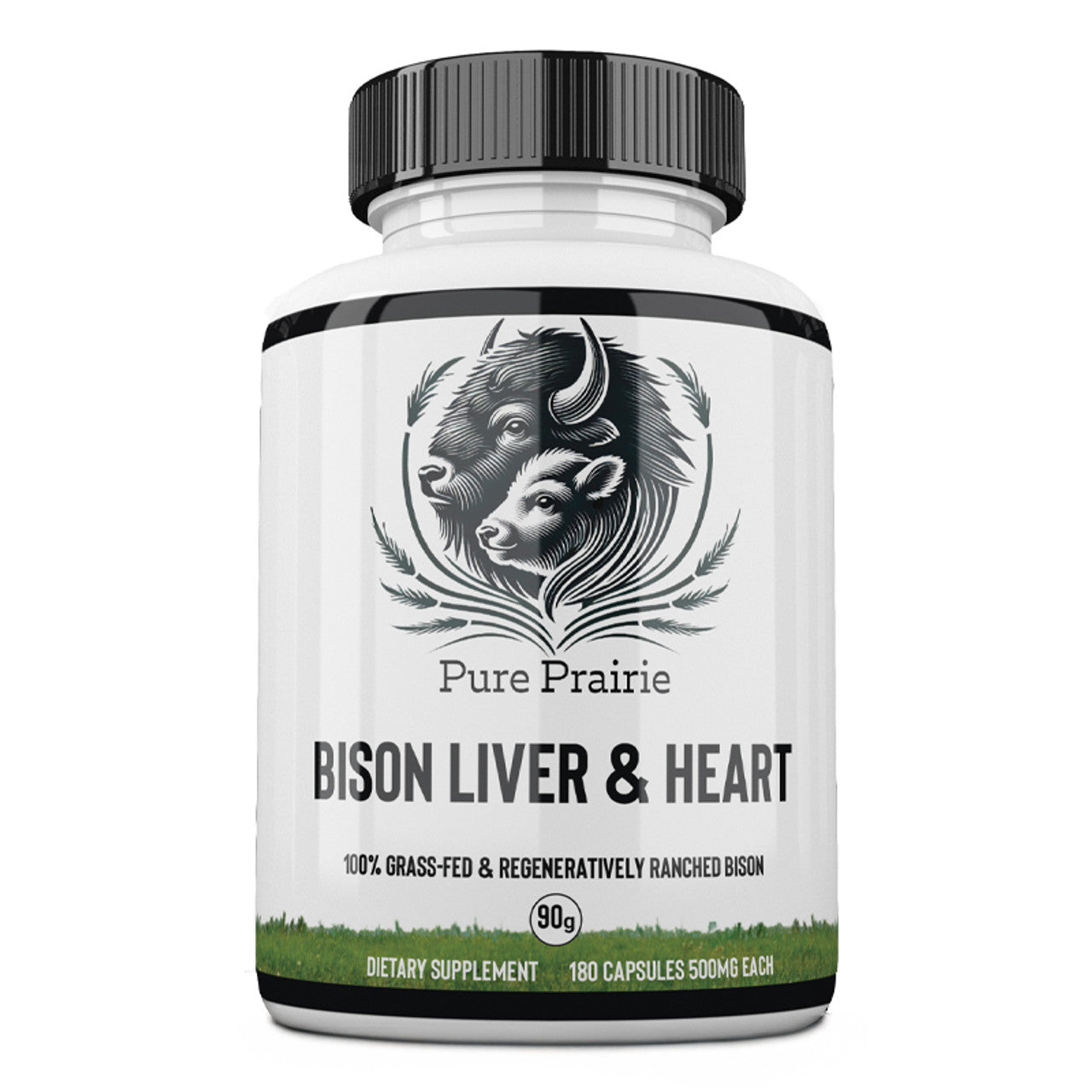 Pure Prairie Bison Liver & Heart Complex offers 180 capsules (500mg each) made from 100% grass-fed bison organ meats, sourced through regenerative agriculture.