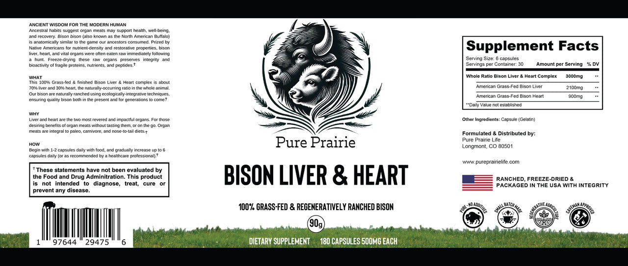 Label for Pure Prairie Bison Liver & Heart Complex (180 Capsules) with grass-fed bison and elk illustrations, supplement facts, usage instructions, and product details emphasizing nutrient-rich organ meats.