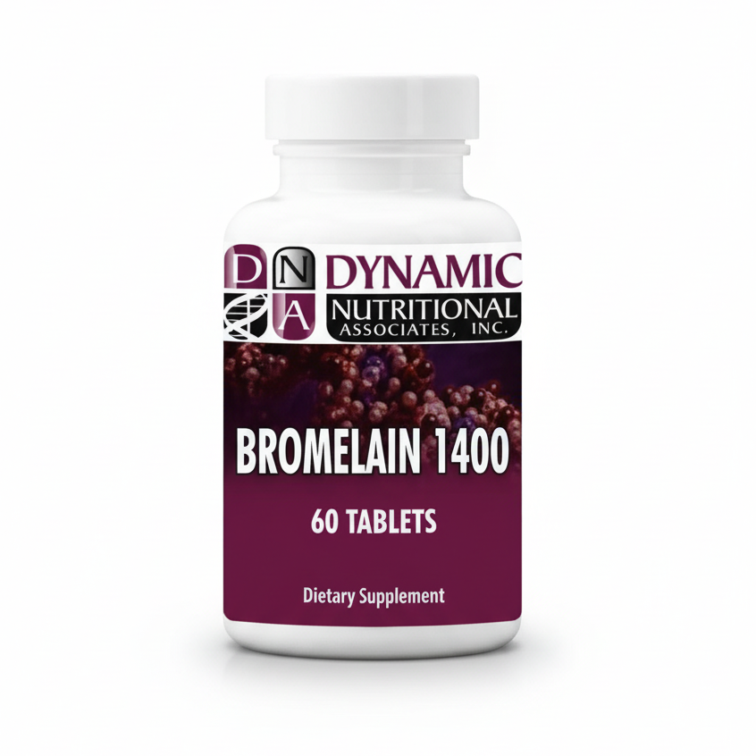 A white bottle labeled "NutriDyn Bromelain 1400, 60 tablets, Dietary Supplement" with a maroon background and white cap, formulated with bromelain to support digestion and reduce inflammation.