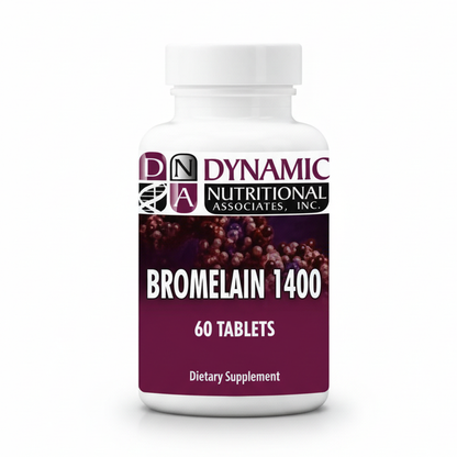 A white bottle labeled "NutriDyn Bromelain 1400, 60 tablets, Dietary Supplement" with a maroon background and white cap, formulated with bromelain to support digestion and reduce inflammation.