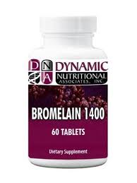 A white bottle labeled "NutriDyn Bromelain 1400, 60 tablets," featuring bromelain, a digestive enzyme supporting inflammation. Dietary supplement.