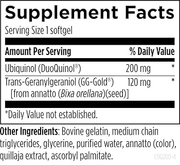 The supplement facts label for OHP Health CoQ Gen | 200mg 60 count softgels lists 200 mg Ubiquinol (CoQ10 for mitochondrial health) and 120 mg trans-Geranylgeraniol per serving; additional ingredients are shown below.