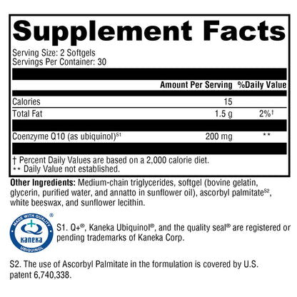 Supplement Facts label for OHP Health CoQ Gen 200mg softgel (60 ct): each serving contains 15 calories, 1.5g fat, and 200mg CoQ10, along with other ingredients and trademark details.