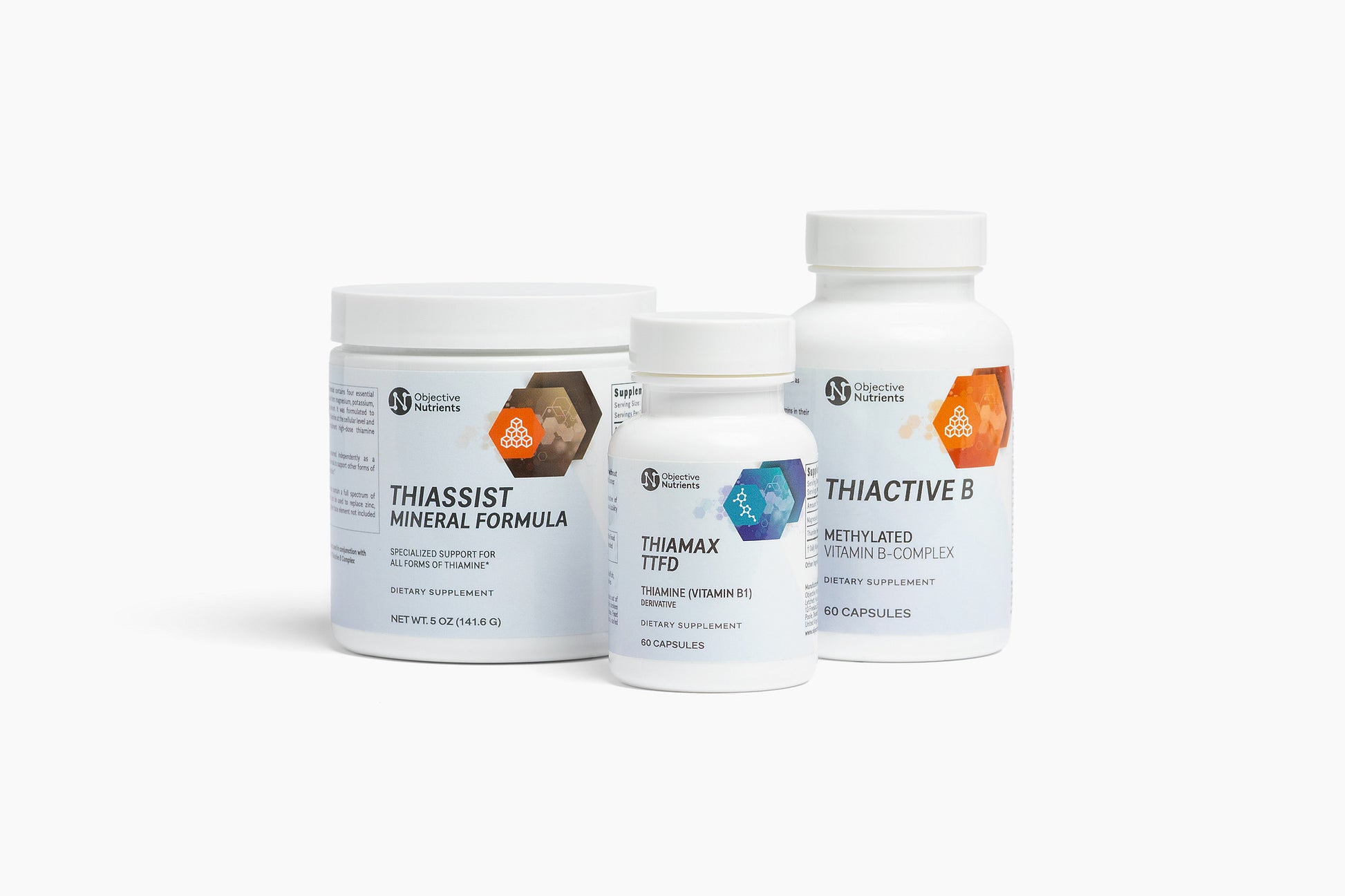 The OHP Health Complete Thiamine Protocol Pack—Thiamax, ThiActive B, and ThiAssist—provides key vitamins and minerals, including vitamin B1, to support your thiamine routine. Bottles are pictured on a white background.