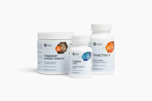 The OHP Health Complete Thiamine Protocol Pack—Thiamax, ThiActive B, and ThiAssist—provides key vitamins and minerals, including vitamin B1, to support your thiamine routine. Bottles are pictured on a white background.