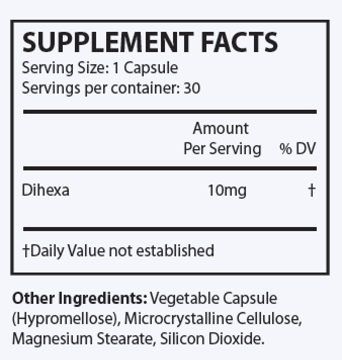 Supplement Facts label showing 10mg of the peptide Dihexa per serving in a vegetable capsule with other ingredients listed below. Daily value not established.
Product Name: DIHEXA | 30 capsules
Brand Name: OHP Health by Longevity Labs Inc.