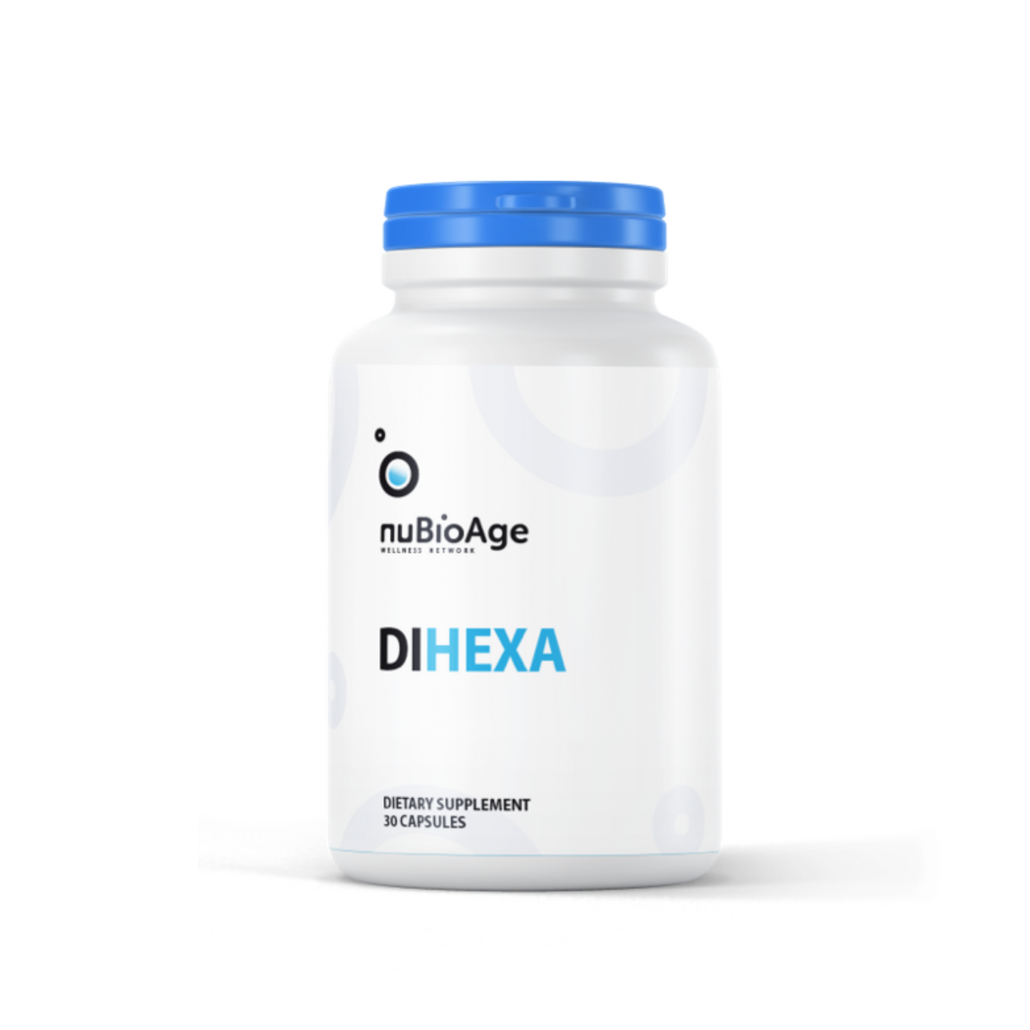 White bottle labeled "OHP Health by Longevity Labs Inc. DIHEXA | 30 capsules" containing 30 dietary supplement capsules with a blue cap, featuring a potent peptide known to support recovery from neurological damage.