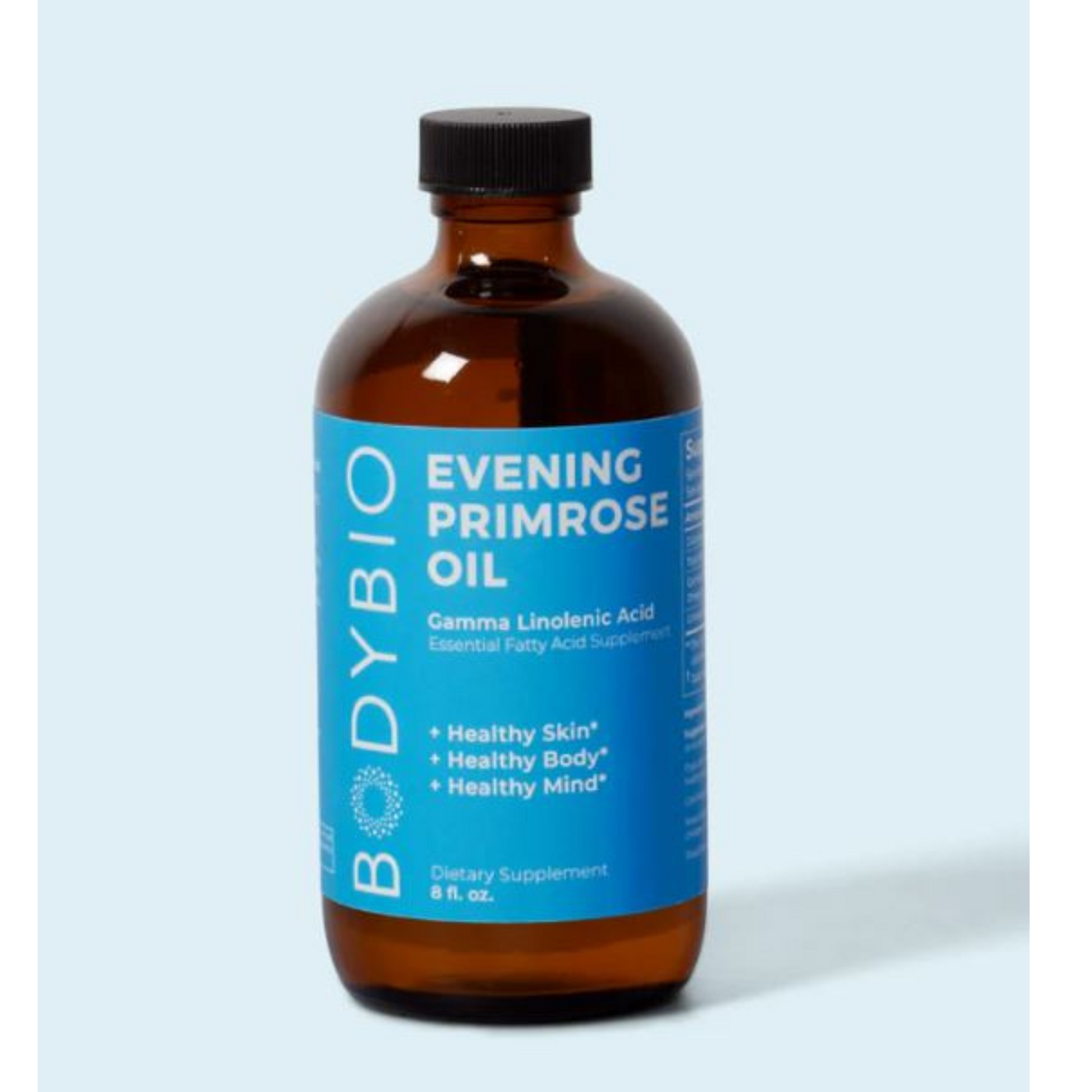 An 8 fl. oz. brown bottle branded with BodyBio's blue label reading "Evening Primrose Oil" offers benefits such as "Healthy Skin, Healthy Body, Healthy Mind." Infused with gamma-linolenic acid and possessing anti-inflammatory properties, this dietary supplement supports overall wellness.