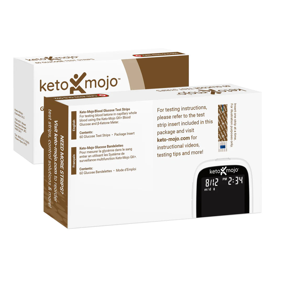 Two boxes of Keto Mojo Glucose Test Strips (60 pack) are displayed, each showing product details and an image of a blood glucose meter on the packaging for quick results.