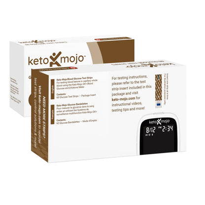 Two boxes of Keto Mojo Glucose Test Strips (60 pack) are displayed, each showing product details and an image of a blood glucose meter on the packaging for quick results.