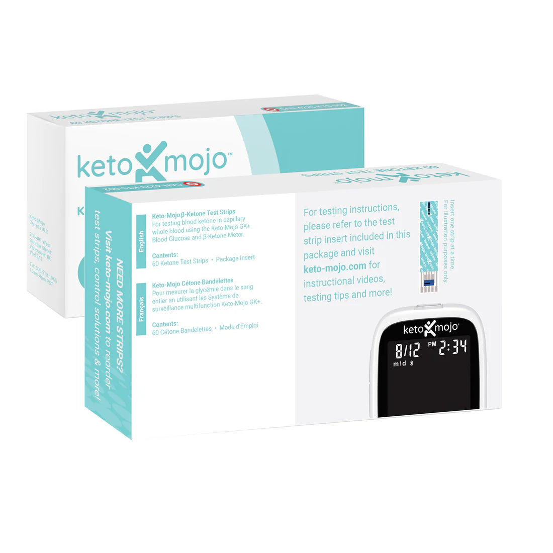 Two boxes of Keto Mojo Ketone Strips (60 pack) are shown, featuring product branding, usage instructions, and a glucose meter with a test strip—ideal for fast and accurate ketone measurement.