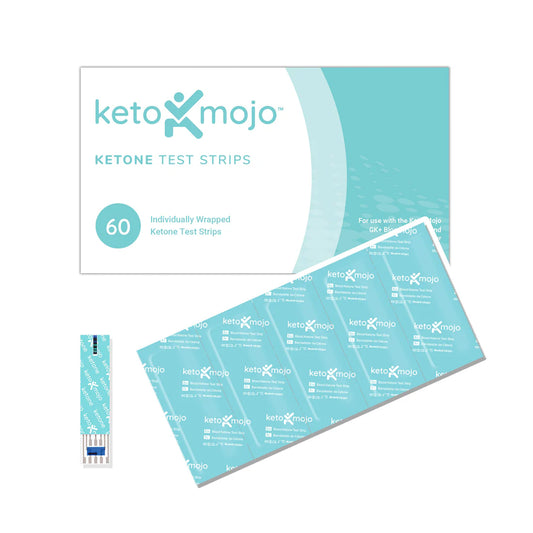 OHP Health Ketone Strips (60 pack) box shown with 60 individually wrapped strips, a single test strip, and a sheet of individually wrapped packets on display.