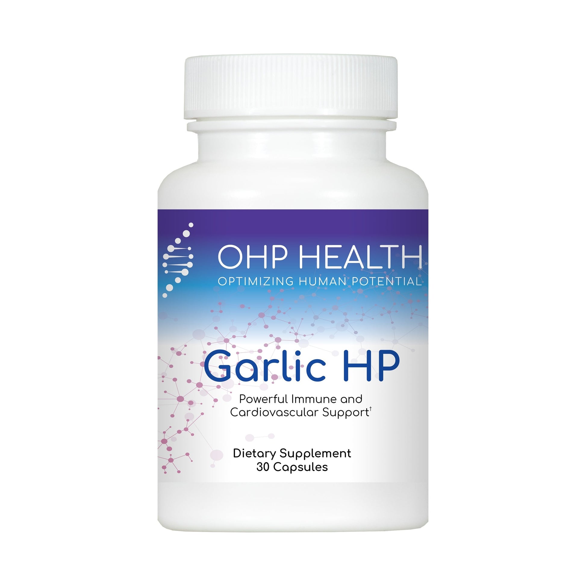 OHP Health Garlic HP | 30 Capsules is a white bottle of odorless garlic capsules with potent allicin extract, supporting immune and cardiovascular health.