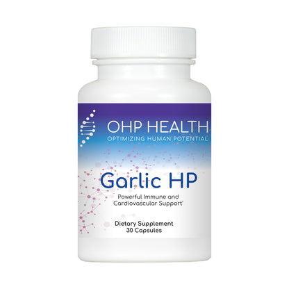 OHP Health Garlic HP | 30 Capsules is a white bottle of odorless garlic capsules with potent allicin extract, supporting immune and cardiovascular health.