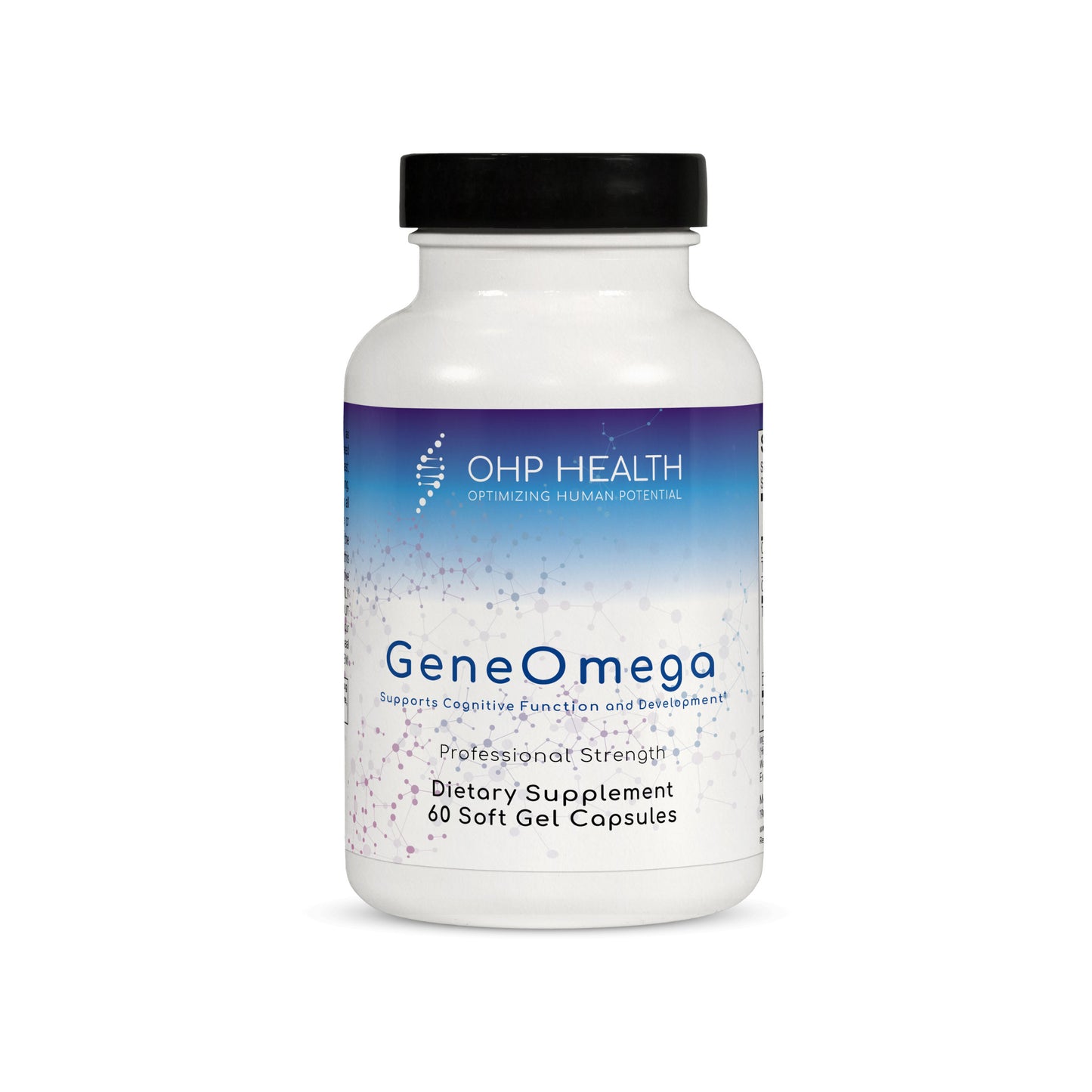 GeneOmega Fish Oil by OHP Health comes in a white bottle with 60 soft gel capsules, providing omega-3 fatty acids to support cognitive function and development.