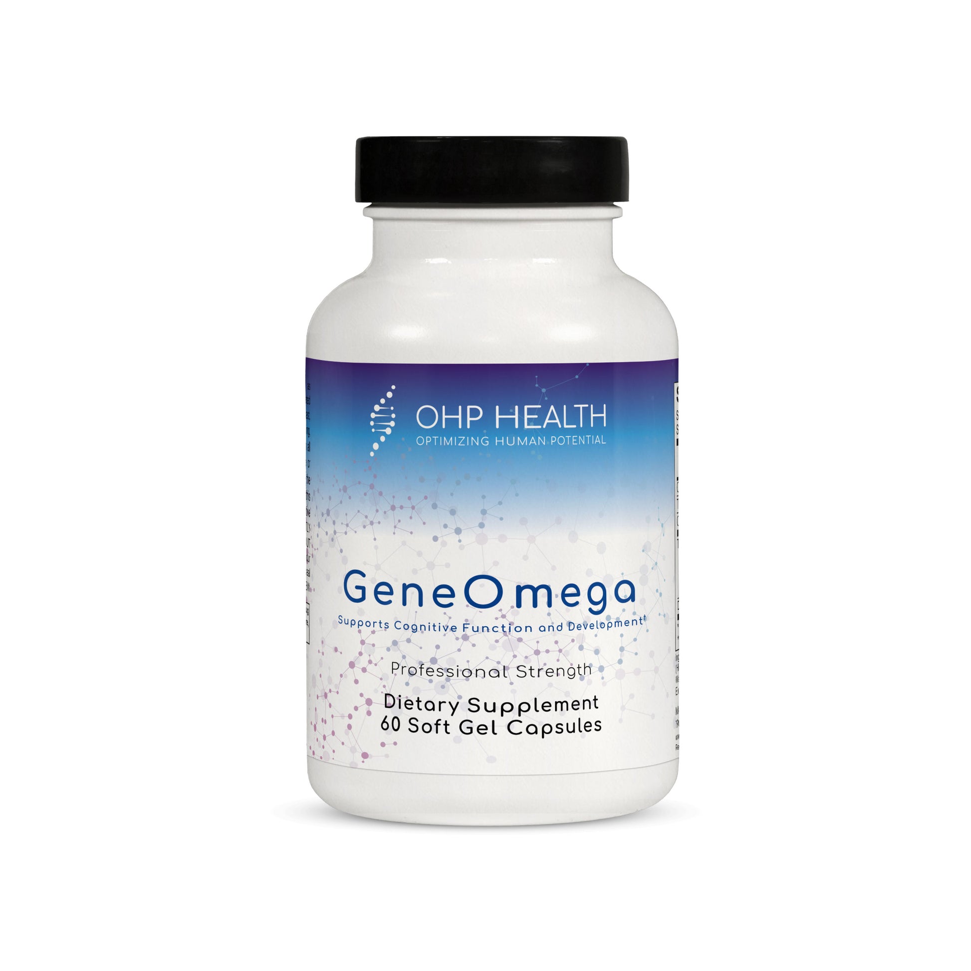 GeneOmega Fish Oil by OHP Health comes in a white bottle with 60 soft gel capsules, providing omega-3 fatty acids to support cognitive function and development.
