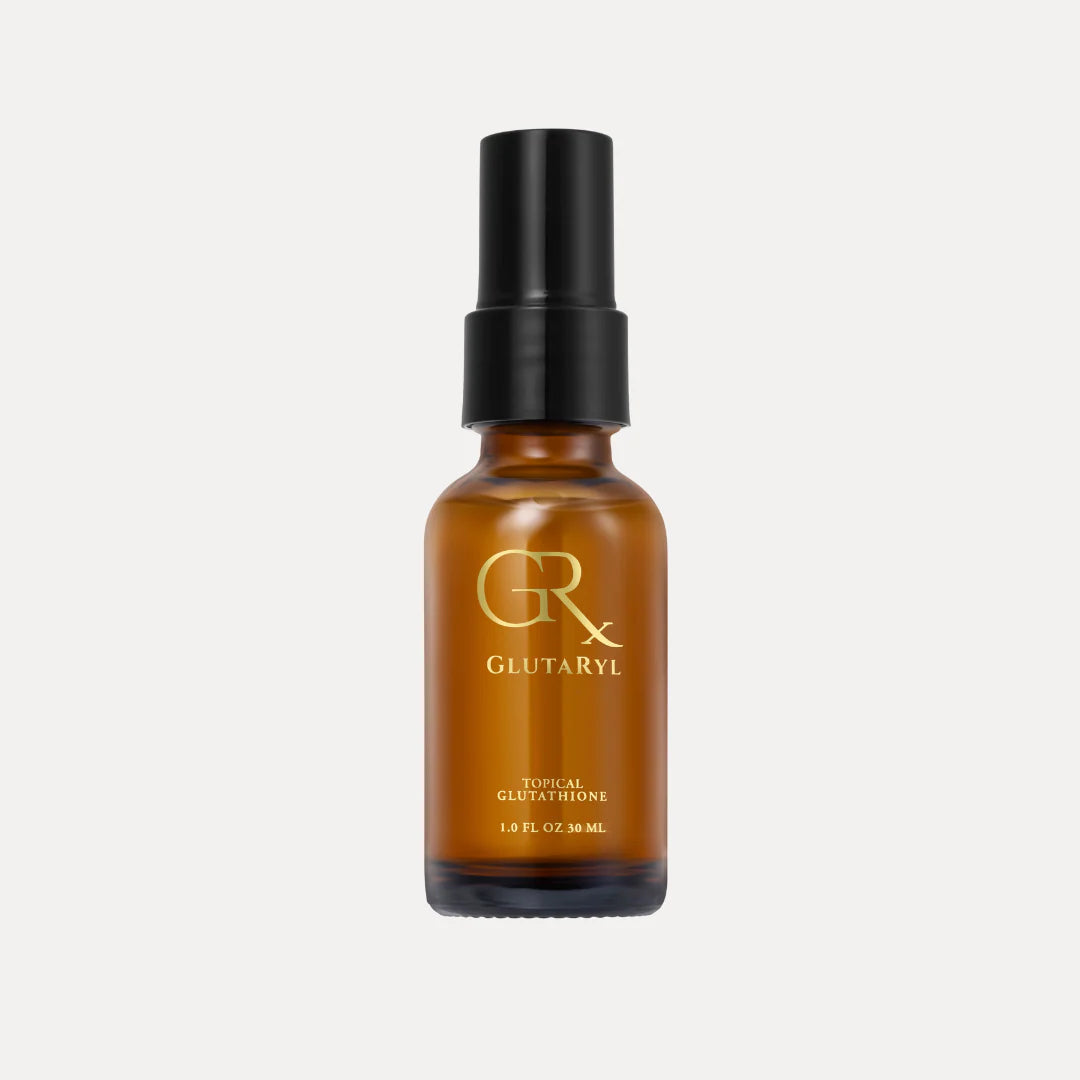 A brown glass bottle with a black pump cap labeled "AURO Glutaryl 1.0 FL OZ (30 mL)" contains an antioxidant topical glutathione formula for maximum absorption, shown on a white background.