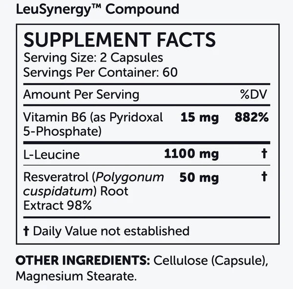 The LeuSynergy Compound by Nubio Age features a supplement facts label indicating a serving size of 2 capsules, emphasizing its role in fat oxidation with listed amounts of Vitamin B6, L-Leucine, and Resveratrol. Additional ingredients comprise cellulose and magnesium stearate.