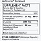 The LeuSynergy Compound by Nubio Age features a supplement facts label indicating a serving size of 2 capsules, emphasizing its role in fat oxidation with listed amounts of Vitamin B6, L-Leucine, and Resveratrol. Additional ingredients comprise cellulose and magnesium stearate.