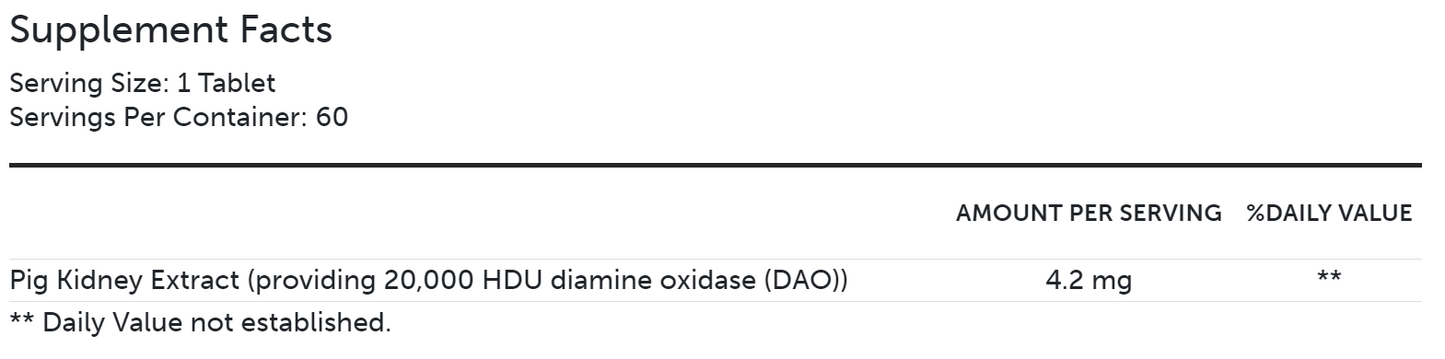 Label of HistRelief dietary supplement from OHP Health showing serving size, servings per container, and specifics of an ingredient, diamine oxidase from pig kidney extract, including its amount and daily value for histamine degradation.