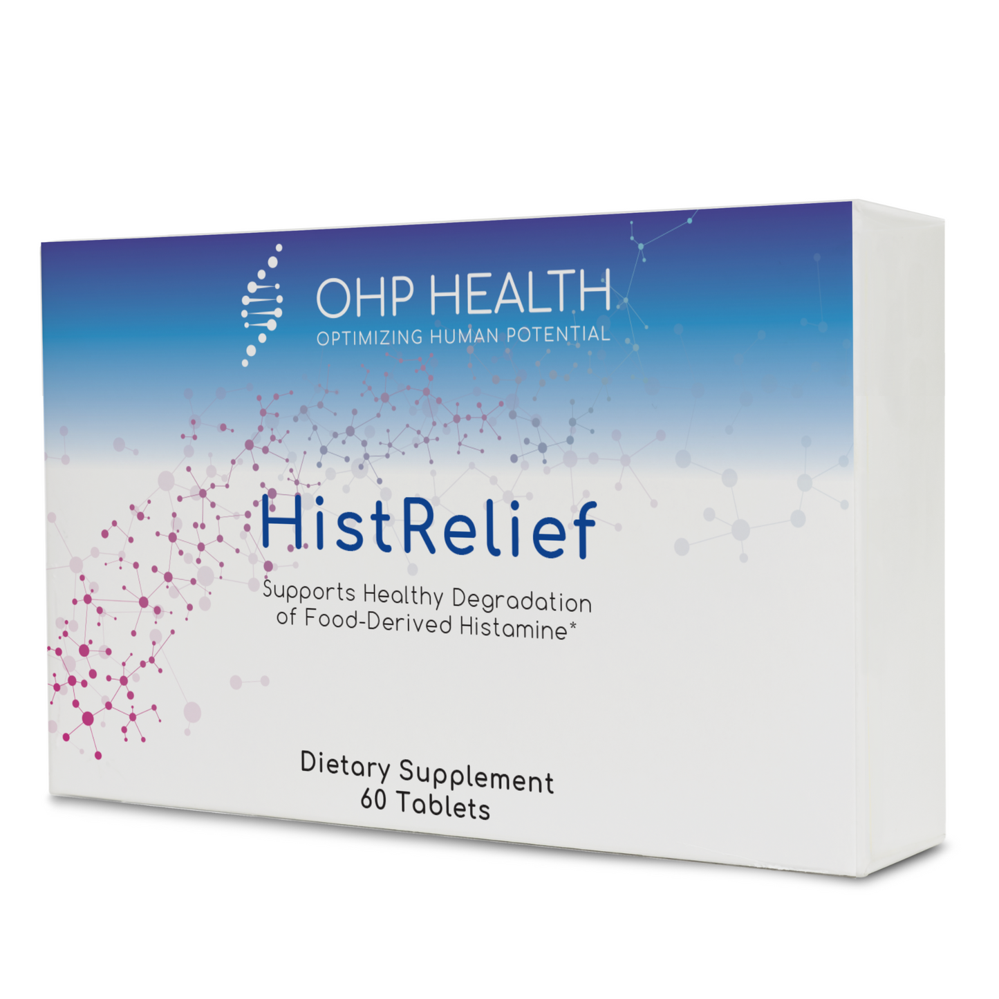Box of HistRelief dietary supplement by OHP Health, containing 60 gastro-resistant mini-tablets, designed to support healthy digestion of food-derived histamine.