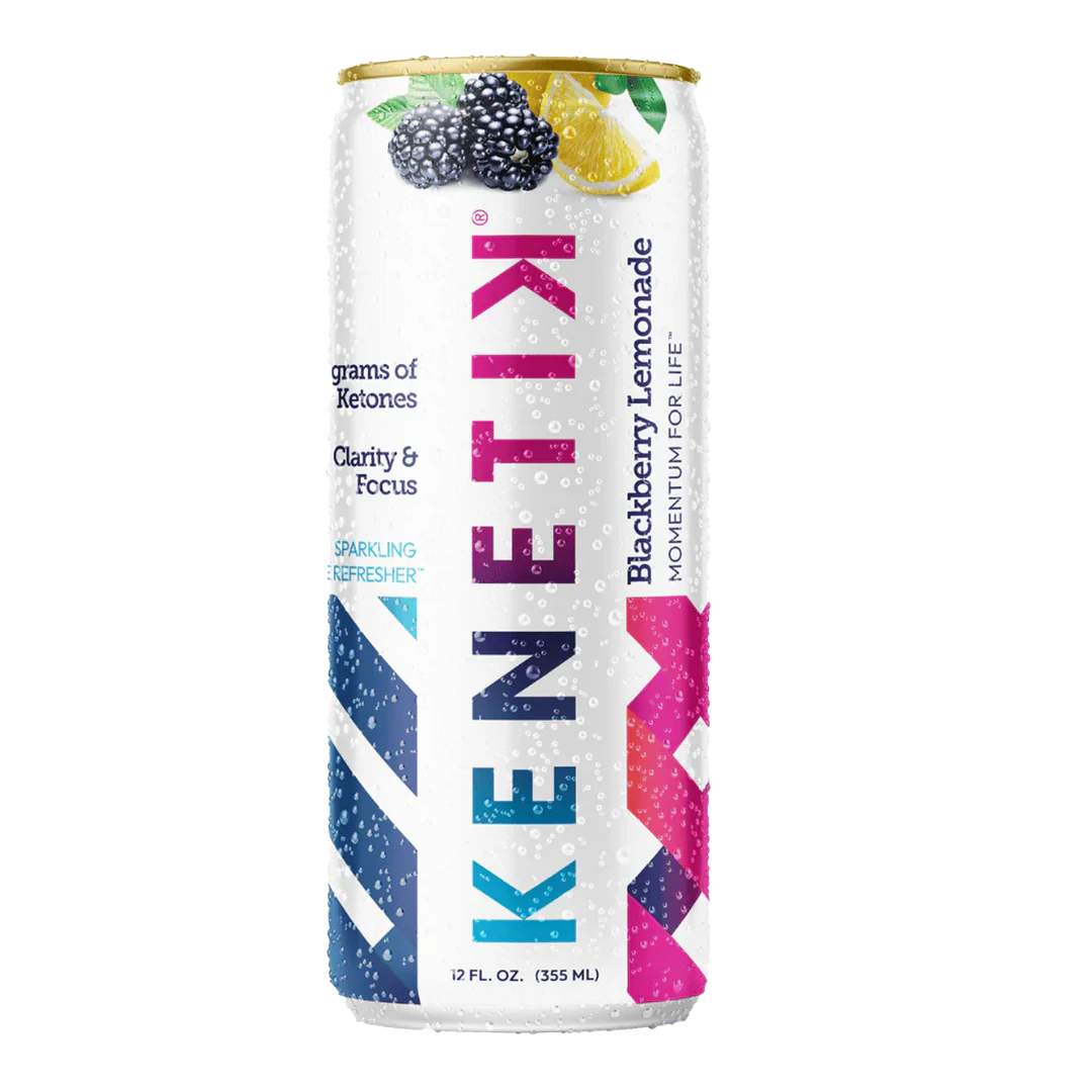 A vibrant KenetiK Ketone Drink by OHP Health, featuring diagonal stripes and blackberries, delivers 12 fl. oz. (355 ml) of a bioidentical ketone beverage. It's ketogenic certified and enhances clarity, focus, and brain function.