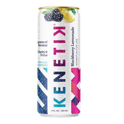 A vibrant KenetiK Ketone Drink by OHP Health, featuring diagonal stripes and blackberries, delivers 12 fl. oz. (355 ml) of a bioidentical ketone beverage. It's ketogenic certified and enhances clarity, focus, and brain function.