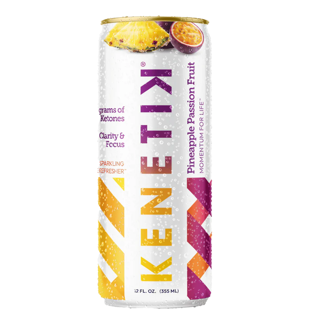 KenetiK Ketone Drink by OHP Health in Pineapple Passion Fruit flavor, 12 fl oz, showcases a vibrant geometric design and highlights its bioidentical ketones for focus benefits. Certified ketogenic and designed for brain boosting.